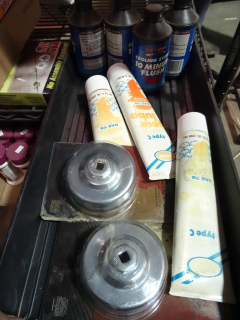 NEW Automotive Lot incl Qty 4 Bottles 10 Minute Radiator Flush, 3 Tubes Type C Gear Luba and 2 Filter Wrenches