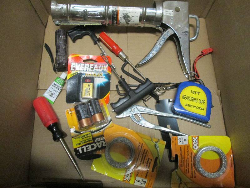 lot 76 image: Assorted Tools, measure tape, greas...