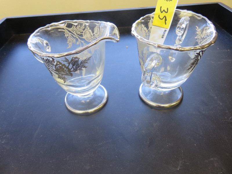 lot 35 image: Vintage Glass Creamer & Sugar Bowl wSilver Motif