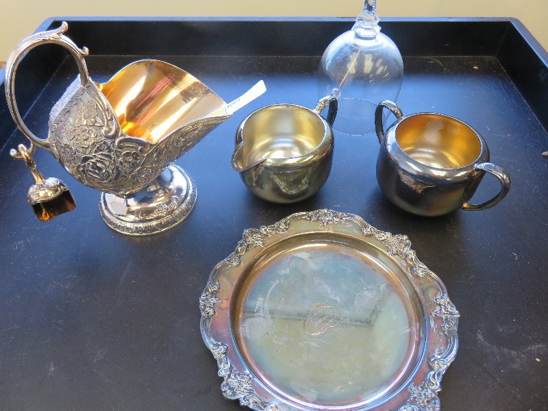 lot 37 image: Silver Plated Creamer, Sugar Bowl, Small Plate, Salt Holder & Glass Bell