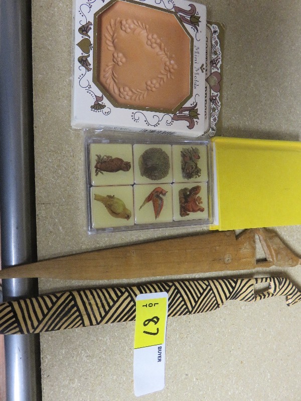 lot 87 image: 2 Hand Carved Wooden Letter Openers, Nature Magnets, Mini Mold & The Little Book of Tops