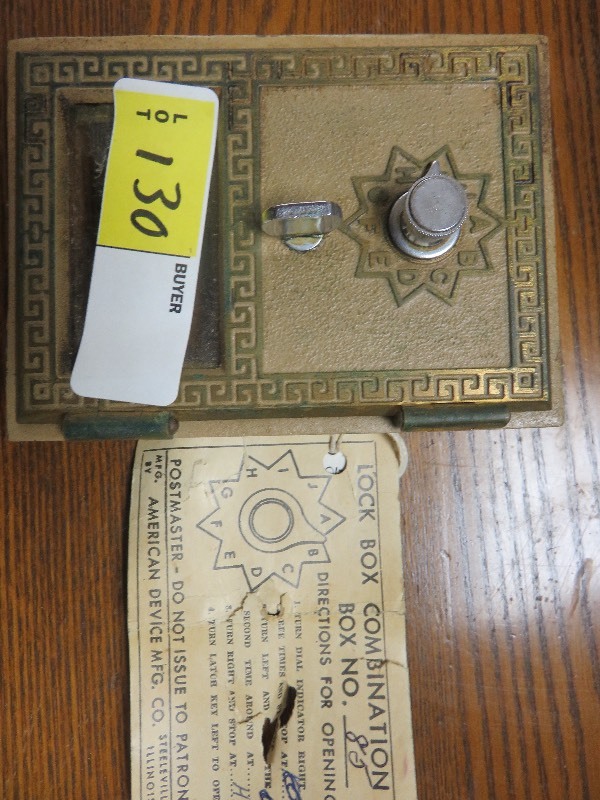 lot 130 image: Vintage Small Brass Post Office Box Lock Box Door