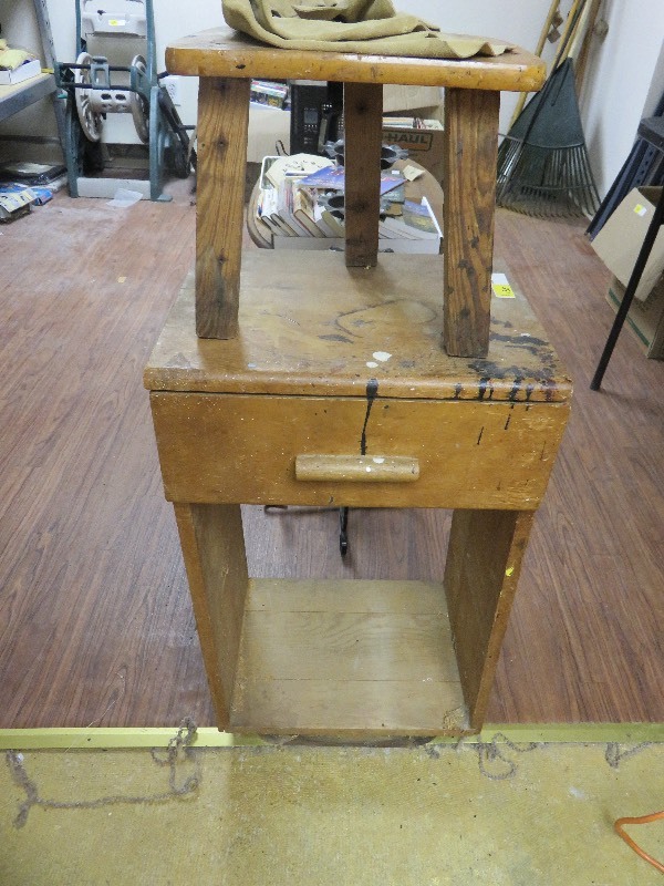 lot 135 image: 1 Drawer Cabinet wLeather Working Stuff in Drawer & Small 3 Legged Stool