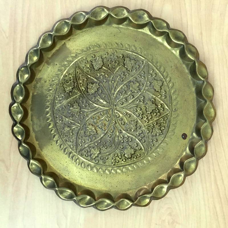 lot 7 image: Unique Antique Lovely Hammered 3-D Leaves Vines Berries India 14 14  Round Brass Tray Wall Plaque Embossed Design Currently Selling On Ebay For $125.00
