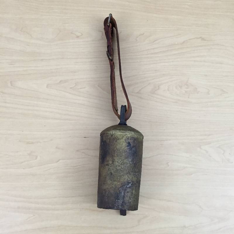 lot 45 image: Fantastic large antique 8 inch Cowbell Cow or Goat Bell  with vintage leather and brass collar great for sports games too