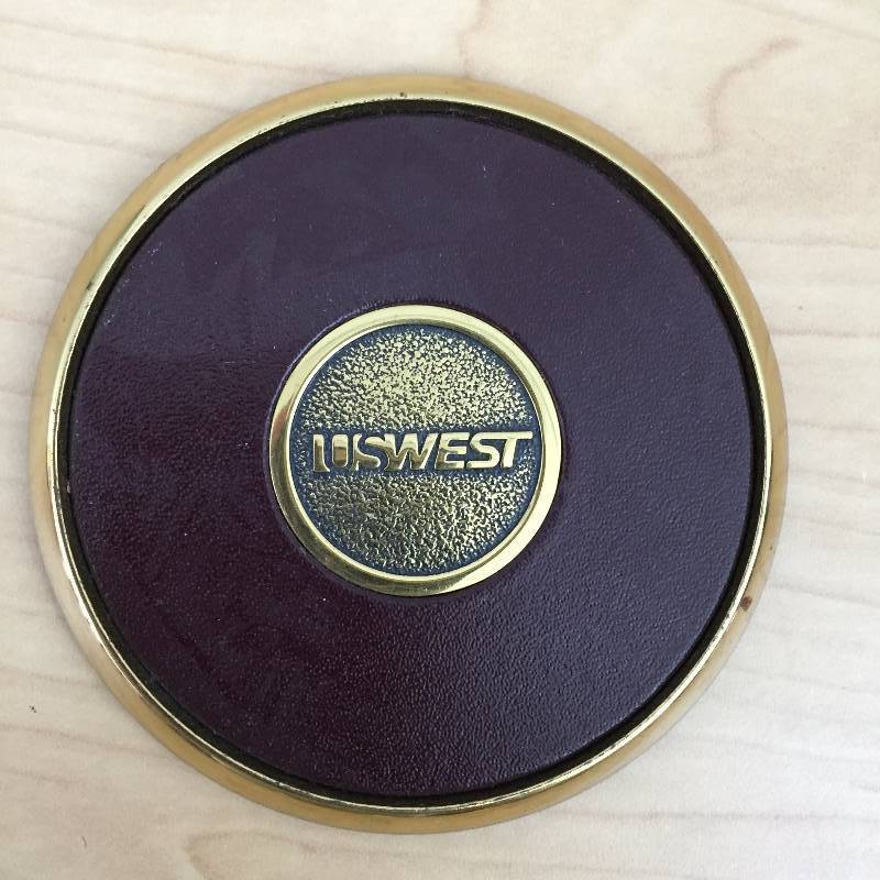 lot 50 image: Vintage USWEST Chrysler CASS Executive Brass Leather Coasters Heavy Brass Over 2lbs Nice Solid Brass Coasters BTS Speciaties
