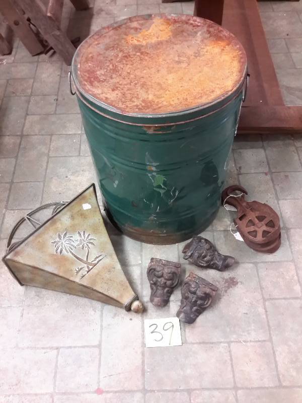 Misc. vintage items.. Large metal barrel, Sconce, 3 claw foot legs, Old Pulley