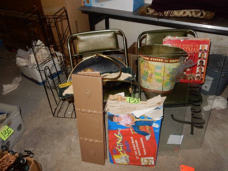 Large lot of misc. items.. Childs chair, US Map waste basket, Magzine Stand, 2 vintage folding chairs