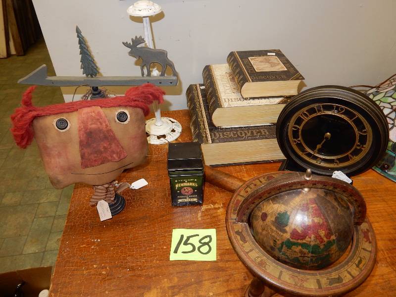 Vintage Decorative items.. Note the big Amber Brown medicine bottle..