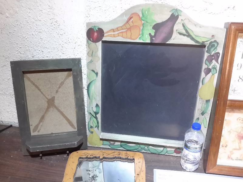 Misc. Wall Dcor.. Chalk Boards with Fruit decorative frame, Two Wall Clocks and other.