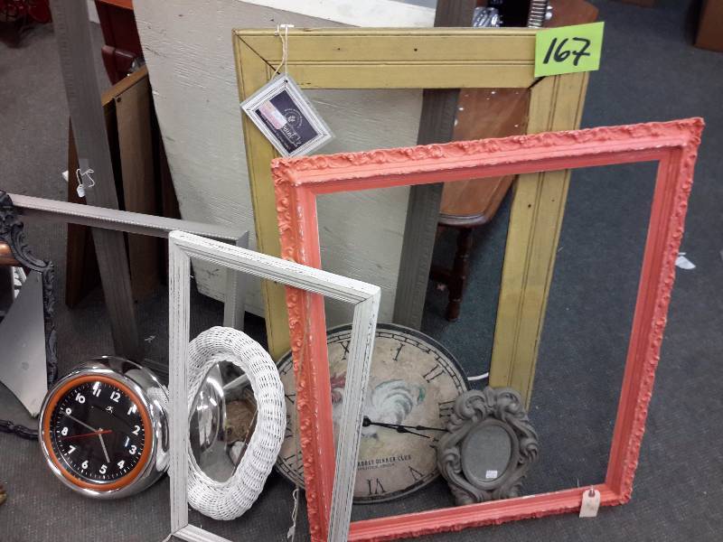 Misc. Frames, Clocks, Decorative items as pictured.. Wicker Framed Mirror.