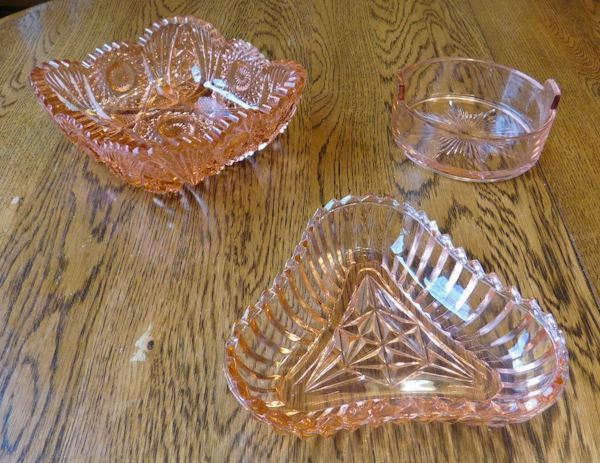 three pink depression glass items square, triangle and circle