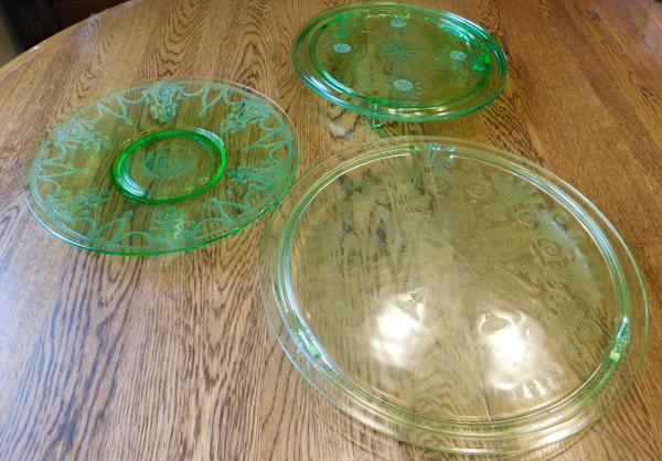 three green depression glass items plateplatters  2 with feet