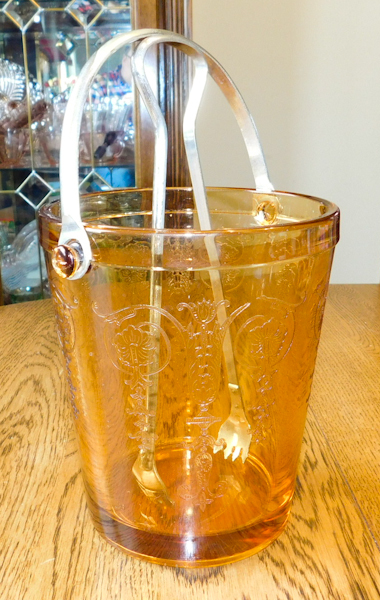 amber depression glass ice bucket with ice tongs