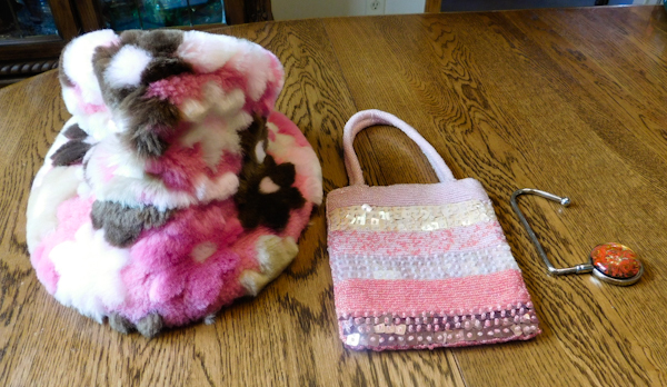 Fluffy 70s hat matching colored beaded bag and purse hanging clip