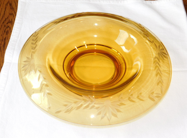 amber elegant depression glass console bowl with rolled rim