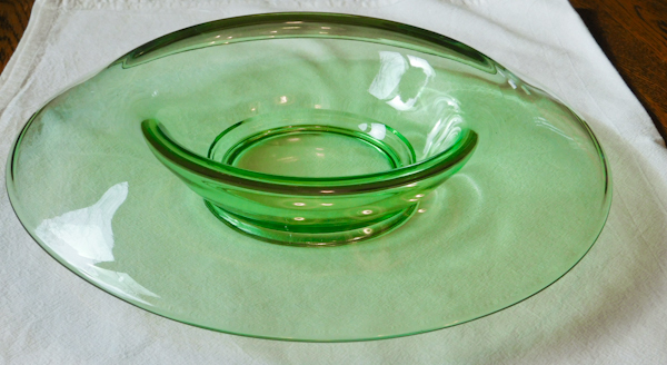 green elegant depression glass console bowl with rolled rim