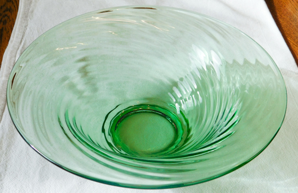 green elegant depression glass console bowl swirl