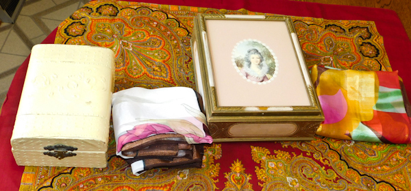 Vintage box for photos and one for vanity items and three very nice scarves