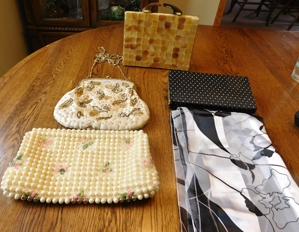 4 vintage decorative handbags and a scarf