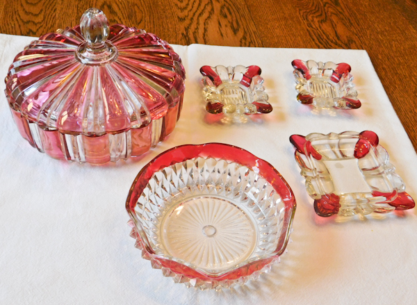 clear and red decorative glass serving items