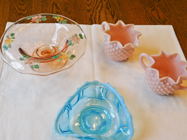 pink hobnail cream and sugar blue and white triangle dish pink bowl