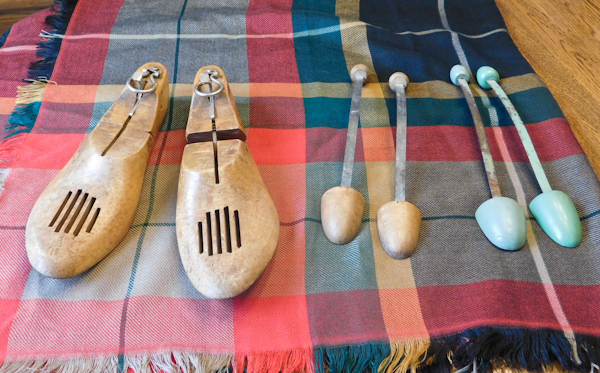 vintage solid wood shoe trees, light duty shoe trees and Vera throw