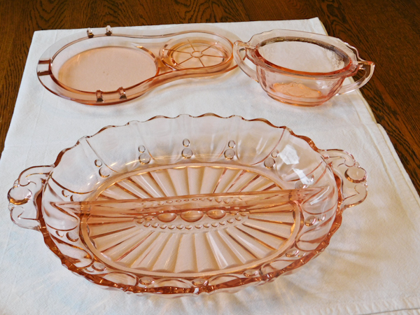 3 pink depression glass items
