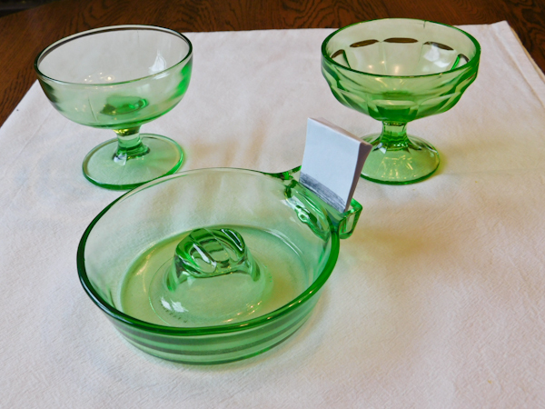 3 green depression glass items