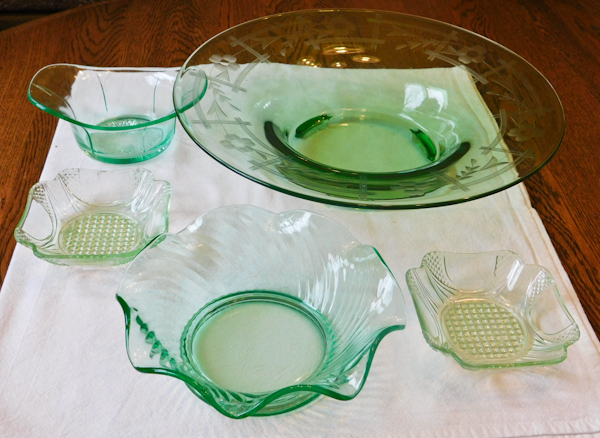 5 green depression glass items