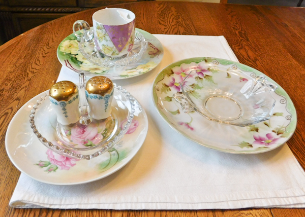 decorative clear glass and china pattern serving items