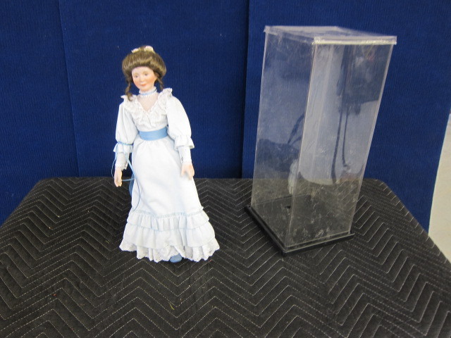 Porcelain Doll, Stand and Showcase