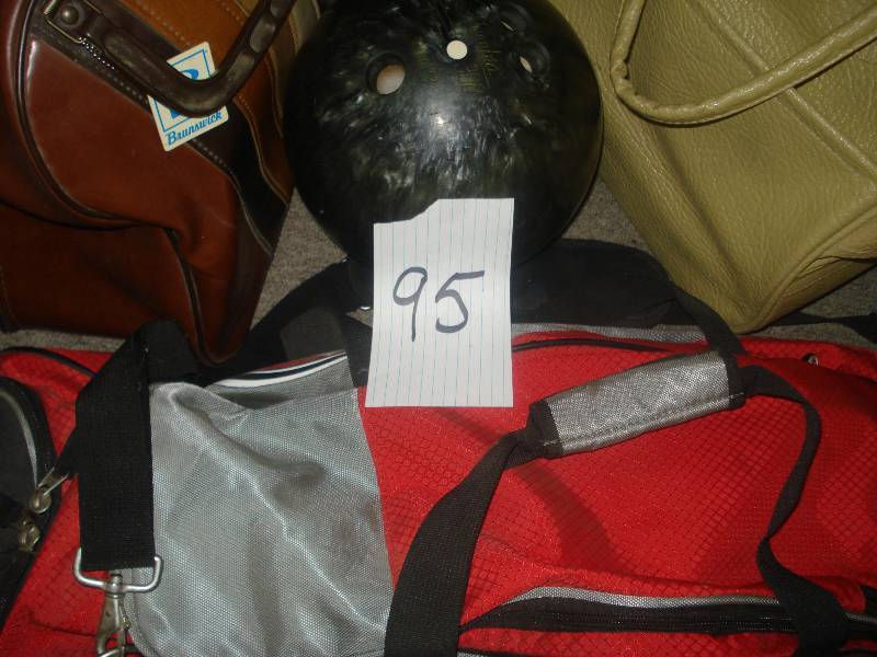 Bowling bags, ball, and tennis bag...