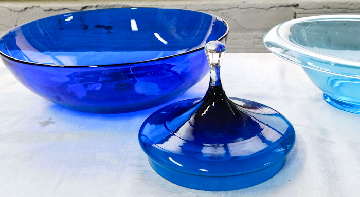 2 great hand blown blue glass bowls and a candy dish cover