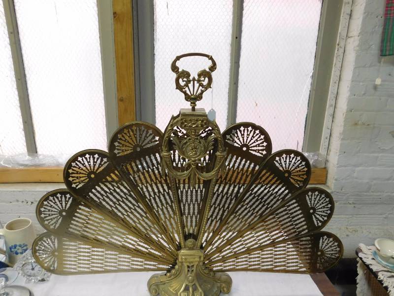 Antique Vintage Brass Fireplace Folding Peacock Fire Screen - Louis XVI Design