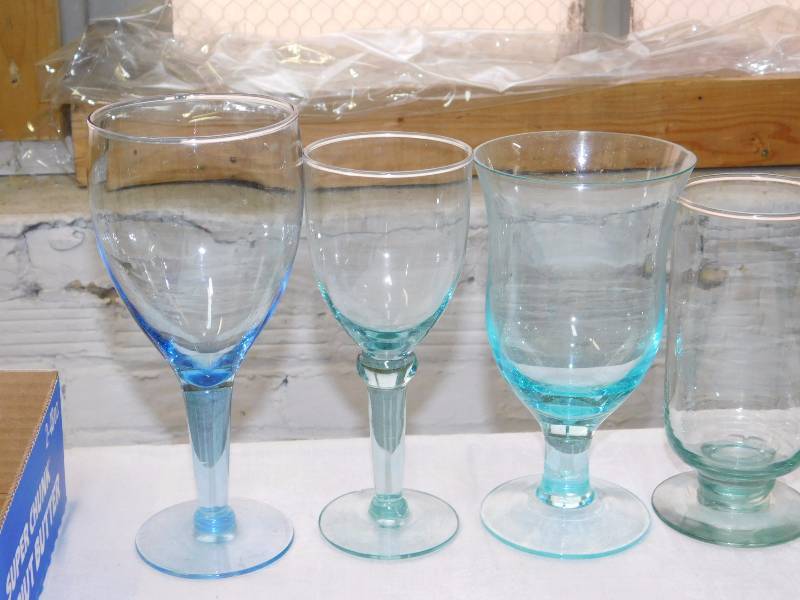 6 misc blue and green tint water goblets hand blown