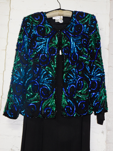 Herman Geist square neck black dress with Laurence Kazar beaded jacket