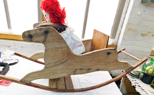 vintage victorian stand sit rocking horse with raggedy ann doll