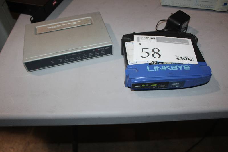 lot 58 image: Lot of (2) Linksys Wireless-G Broadband Router, Fortinet FortiGate 60 Security Appliance