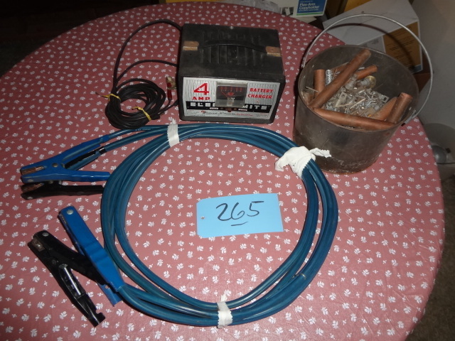 lot 265 image: Charger, Cables, Bucket of Copper ends