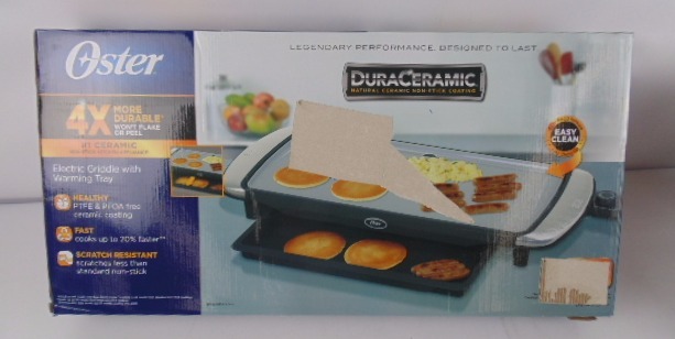 lot 422 image: Oster DuraCeramic Griddle with Warming Tray - Silver
