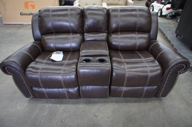 lot 40 image: High End Leather Dual Rocker Recliner with Center Console