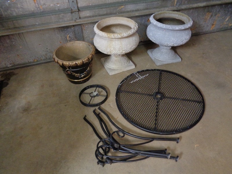 3 Large Planters with Metal Outdoor Table
