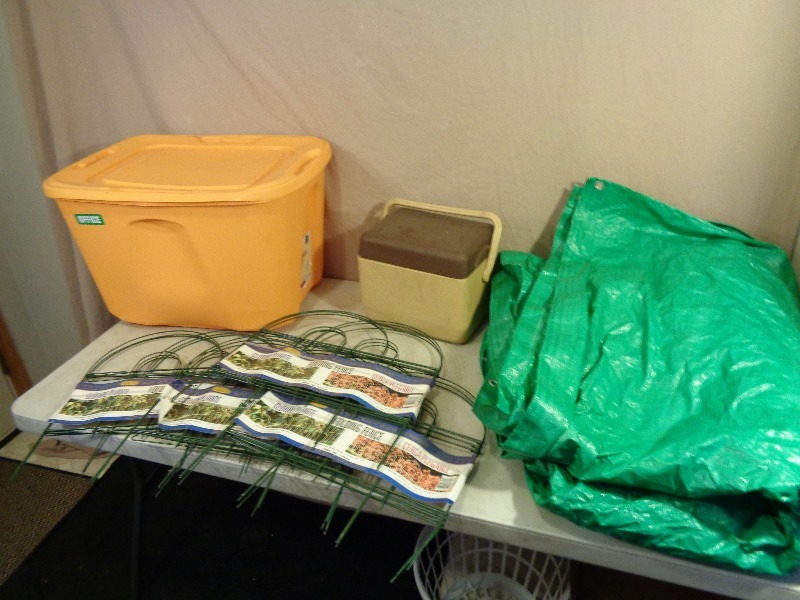 Tote with Lid, New Garden Fence, Tarp, and Cooler