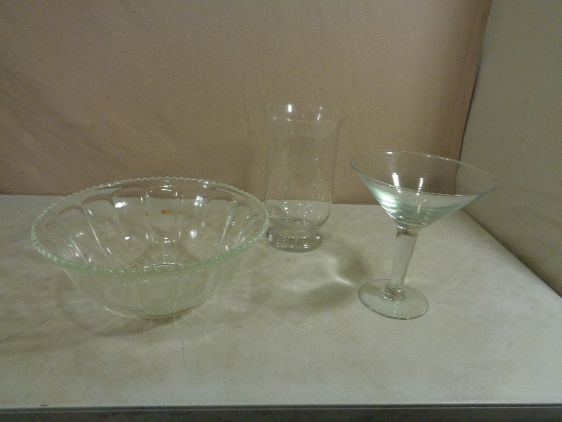 Heavy Large Glass Bowl, Large Martini Glass, and Large Vase