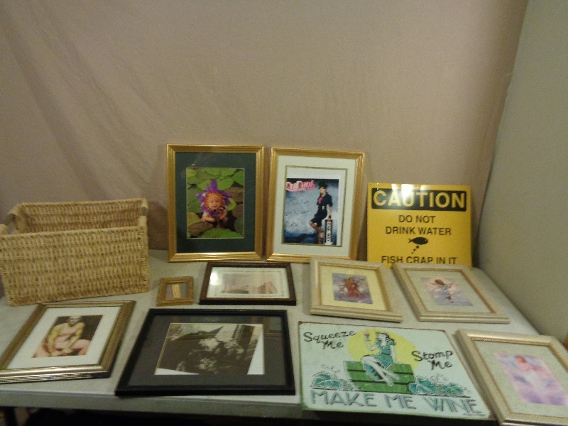 Framed Pictures, Basket, and Metal Signs