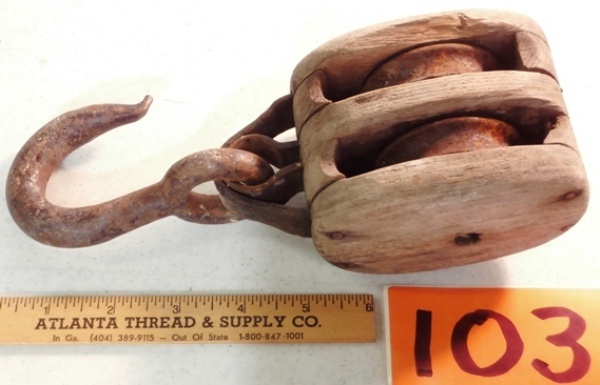 lot 103 image: Vintage Double Pulley with Wood Frame
