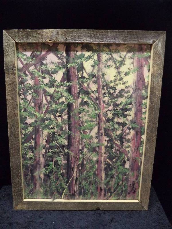 lot 21 image: Handpainted Pine Trees by Local Artist