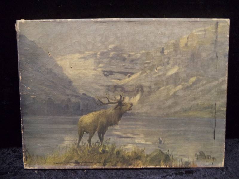 lot 22 image: Handpainted Elk in Mountains,