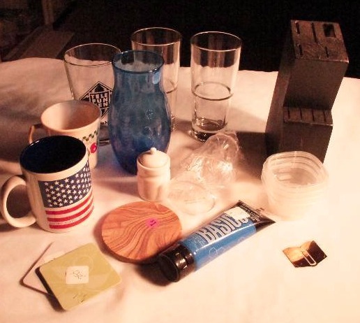 lot 431 image: Knife Block, glass cups, Tupperware containers, brass book mark, coasters, and more miscellaneous.